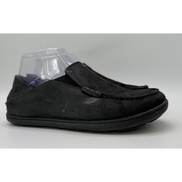 Olukai Moloa Boys Youth‎ Black Leather Slip On Casual Loafers Size 4 See Photos - Picture 1 of 10